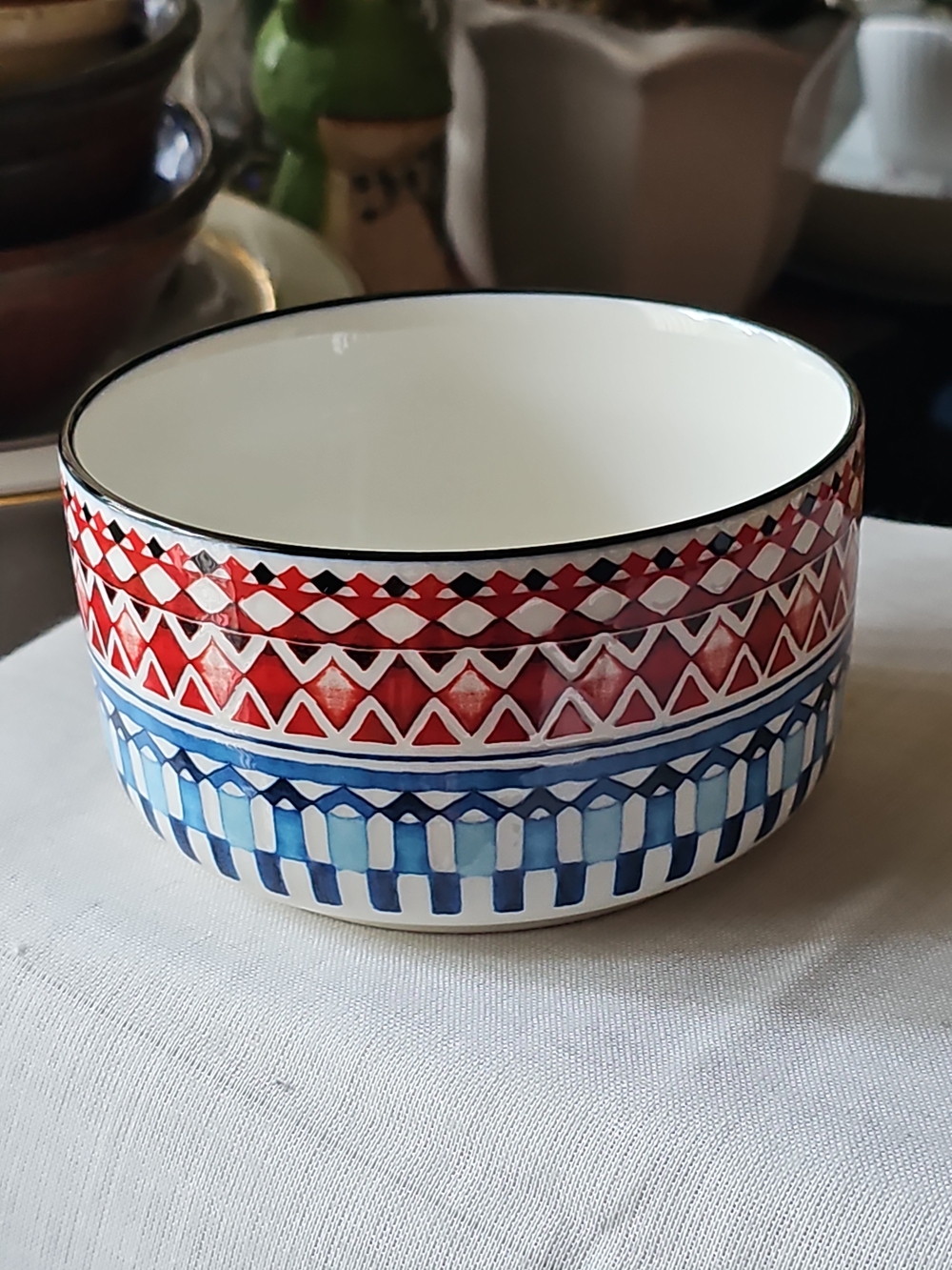 Large White Ceramic Serving Bowl in Red and Blue Geometric Pattern